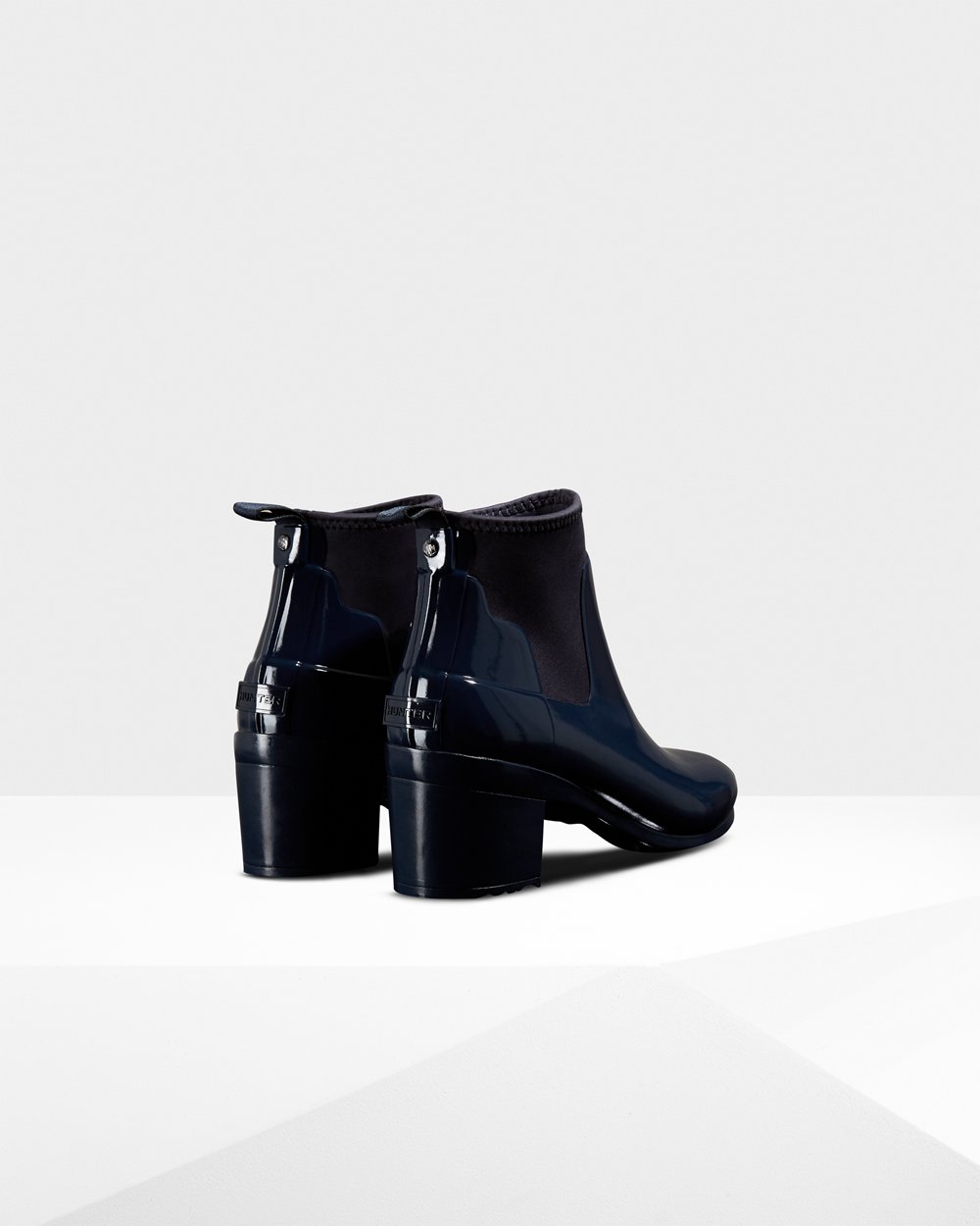 Womens Heeled Boots - Hunter Refined Slim Fit Gloss Mid (90OJFEWMB) - Navy